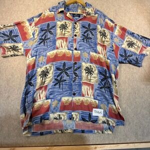 Mango Moon Mens 2XL Tropical Palm Tree Hibiscus Button Down Shirt Blue Red Tan